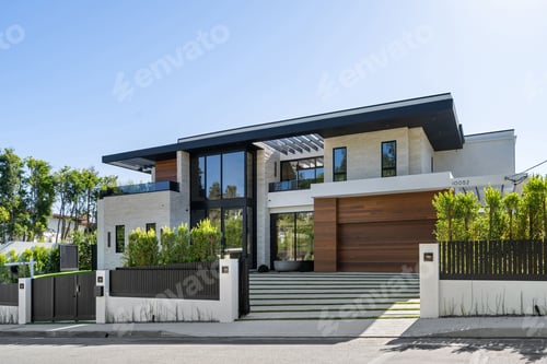 Preview: Modern luxury house with large windows and wooden garage door.