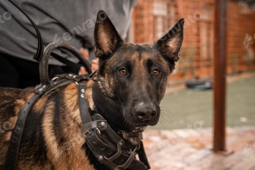 Preview: Close-up of a German Shepherd dog in a harness with a person in the blurred background