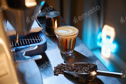 Preview: Coffee shop counter with coffee machine scoop with beans and cup of cappuccino