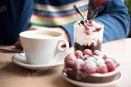 Preview: Man in a cozy cafe, drinking a latte, eating a cake made of ripe raspberries and blackberries