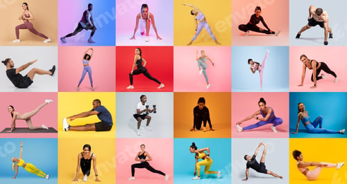 Preview: Diverse group of people exercising in a colorful fitness studio environment