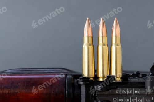 Preview: Three bullets on Kalashnikov assault rifle. Cartridges 7.62 caliber for ak 47