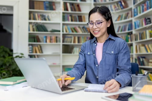 Preview: Smiling asian woman uses a laptop in the library, surrounded by shelves full of books