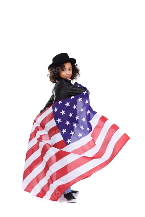 Preview: happy little child in stylish hat with usa flag isolated on white