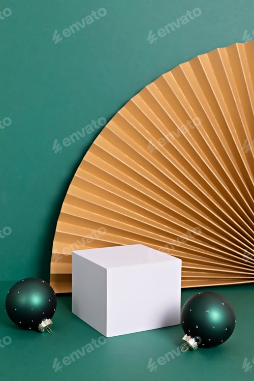Preview: Podium, stand, platform for product presentation.Abstract background made of paper fans and