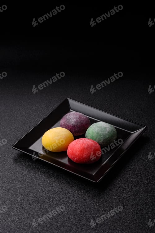 Preview: Japanese mochi, ice cream or Asian sweets with fruit filling. Mochi of different colors