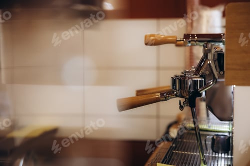 Preview: Espresso machine brewing coffee in a cafe