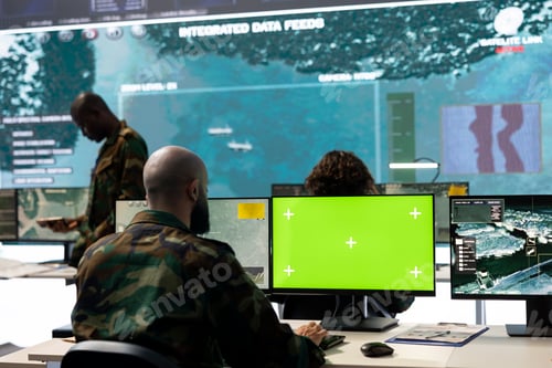 Preview: Recruit examining surveillance radar footage on monitor next to green screen