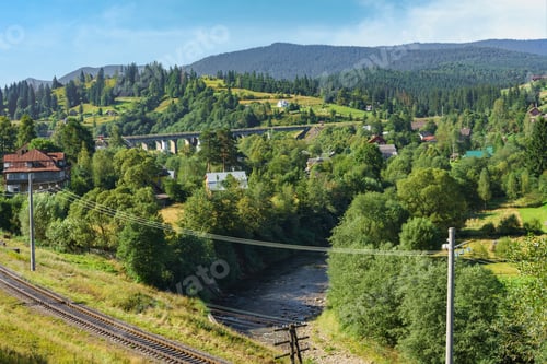Preview: Landscape Of Village In Valley And Railway Among The Mountains In Summer Day, Carpathians, Ukraine