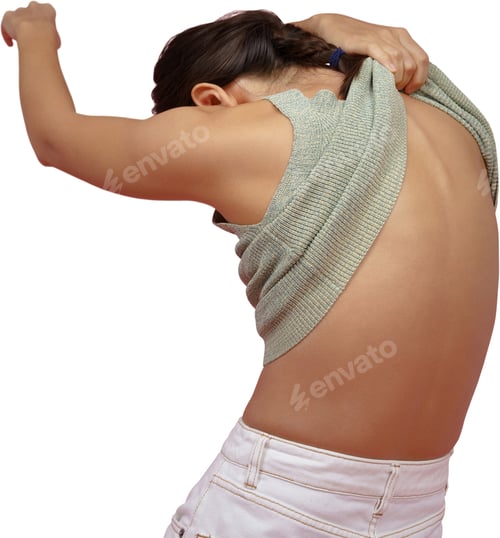 Preview: a woman wearing a gray sweater and white shorts