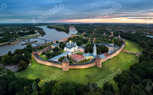 Preview: Aerial view of Veliky Novgorod kremlin at dusk