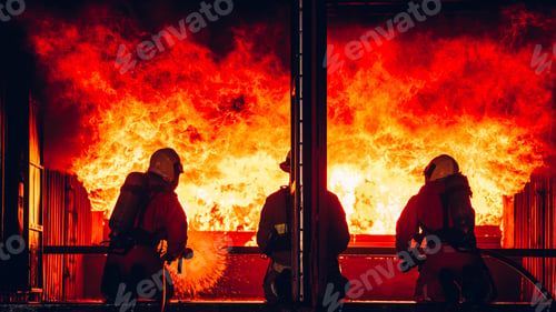 Preview: Fearless Firefighters Battling Blaze with Water and Extinguishers.