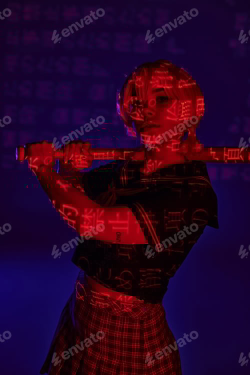 Preview: anime woman in school uniform posing with baseball bat in neon light with hieroglyphs on blue