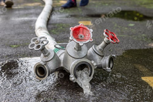 Preview: A fire hose with a mixer from which water flows