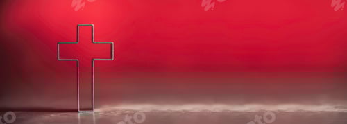 Preview: Christian cross on red background with soft bokeh lights background. Copy space. Banner. Church