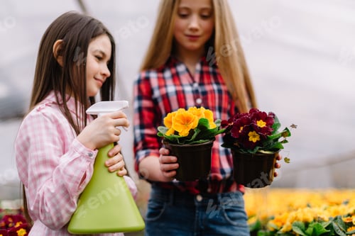 Preview: Girls watering flowers in the garden