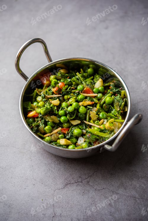 Preview: palak matar curry also known as spinach geen peas masala sabzi or sabji, indian food