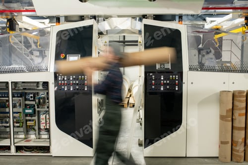 Preview: Blurred motion of male worker of contemporary factory carrying large detail