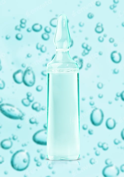 Preview: Aloe vera and gel cosmetic texture in glass bottle ampoule on blue bubbles background