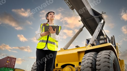 Preview: Quality Insurance Manager Claim Wheel of Big Forklift during forklift carry Big Wheel at Maintenance