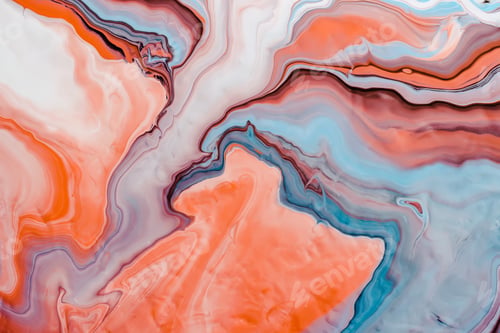 Preview: Fluid Art. Abstract marble background or texture. Neon Coral and Blue waves. Modern art