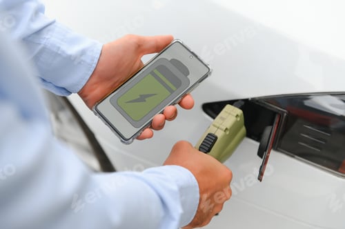 Preview: Happy man using smart phone and charging car at vehicle charging station