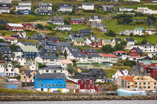 Preview: Picturesque colorful village of Vestmanna in Feroe islands. Atlantic Ocean