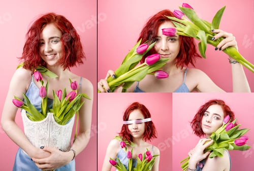 Preview: Collage of beautiful young woman with flowers on color background. International Women's Day