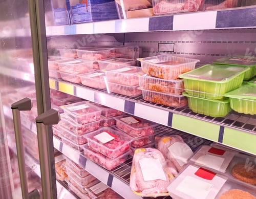 Preview: Meat on a store shelf, refrigerator in a supermarket