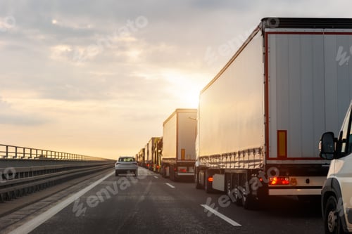 Preview: Queue of Trucks on Ukraine-Poland Border traffic jam at Sunset During Protest Roadblock. Business