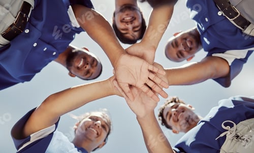 Preview: Group, hands and stack for sport, below and baseball with motivation, teamwork and together. Circle