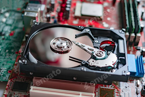 Preview: the macro view of thye hdd drive with information data, magnetic disc, electronic board background
