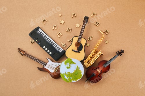 Preview: Happy world music day. Musical instruments with globe background.
