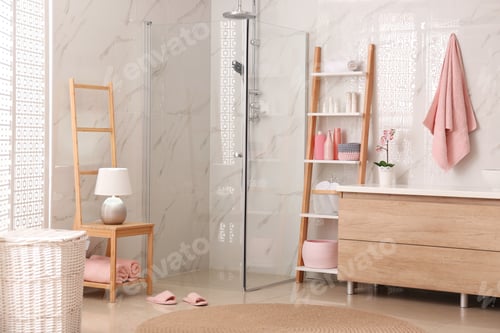 Preview: Modern bathroom interior with decorative ladder and shower stall