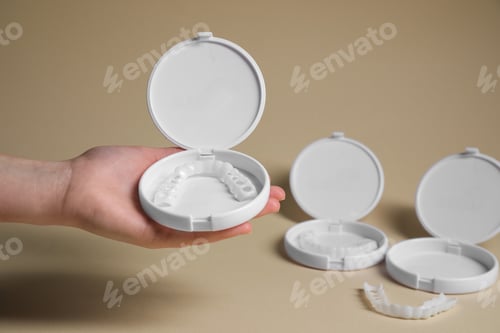 Preview: Woman holding containers with dental mouth guard on beige background, closeup. Bite correction