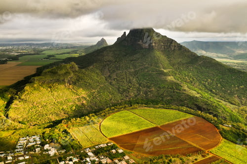 Preview: Bird's eye view of beautiful fields Islands of Mauritius and mountains