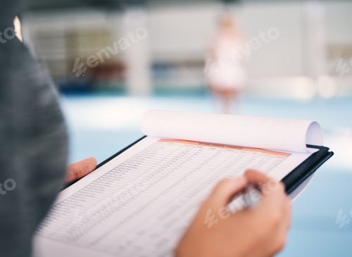 Preview: Hand, documents and assessment in a gym with a coach watching a performance in preparation of compe