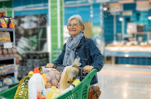 Preview: Senior Smiling Woman with Eyeglasses Pushing a Shopping Cart in the Supermarket Making Purchases