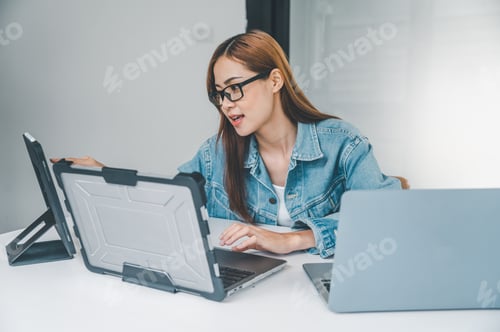 Preview: Female programmer working on coding, software development and web design