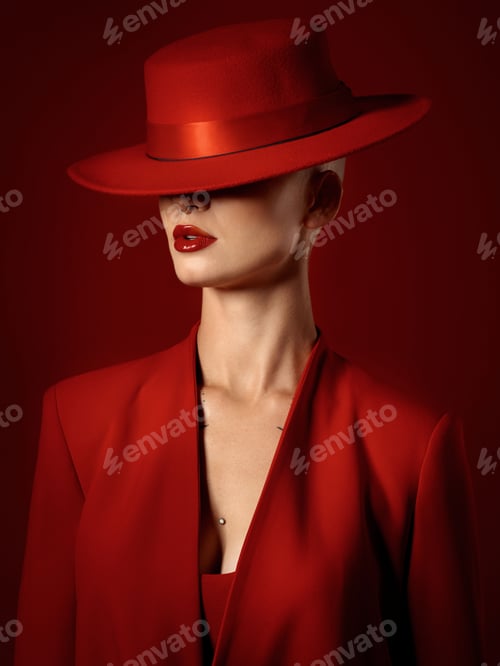 Preview: Retro, fashion or woman in a vintage suit, hat and beauty in studio with creative, style and edgy o