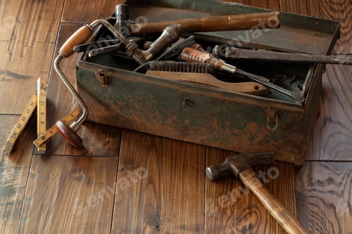 Preview: Antique tools and grungy toolbox on rough dark wood surface