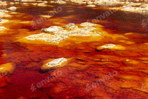 Preview: Closeup of the polluted river in the Rio Tinto Mining Park under the sunlight in Spain