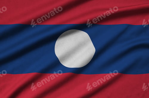 Preview: Laos flag is depicted on a sports cloth fabric with many folds. Sport team waving banner