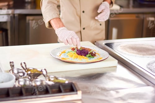Preview: Chef decorating duck breast with greenery