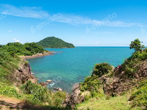 Preview: Beautiful seascape with mountain on blue sky. Coastline Scenery in Thailand.