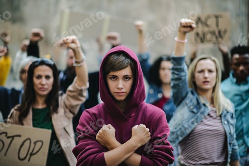Preview: Group of people activists protesting on streets, women march and demonstration concept