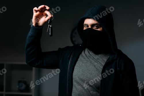 Preview: Robber in mask and hoodie holding keys and looking at camera