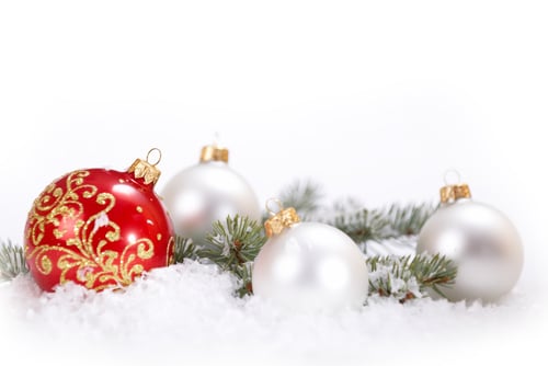 Preview: Christmas beautiful white and red balls with fir branch and snow on white background