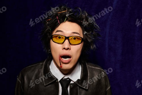 Preview: Stylish asian man showcases bold fashion choices in a vibrant spring studio setting