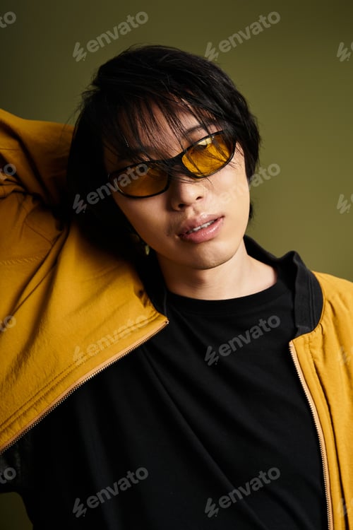 Preview: Stylish asian young man showcases modern fashion in creative studio atmosphere